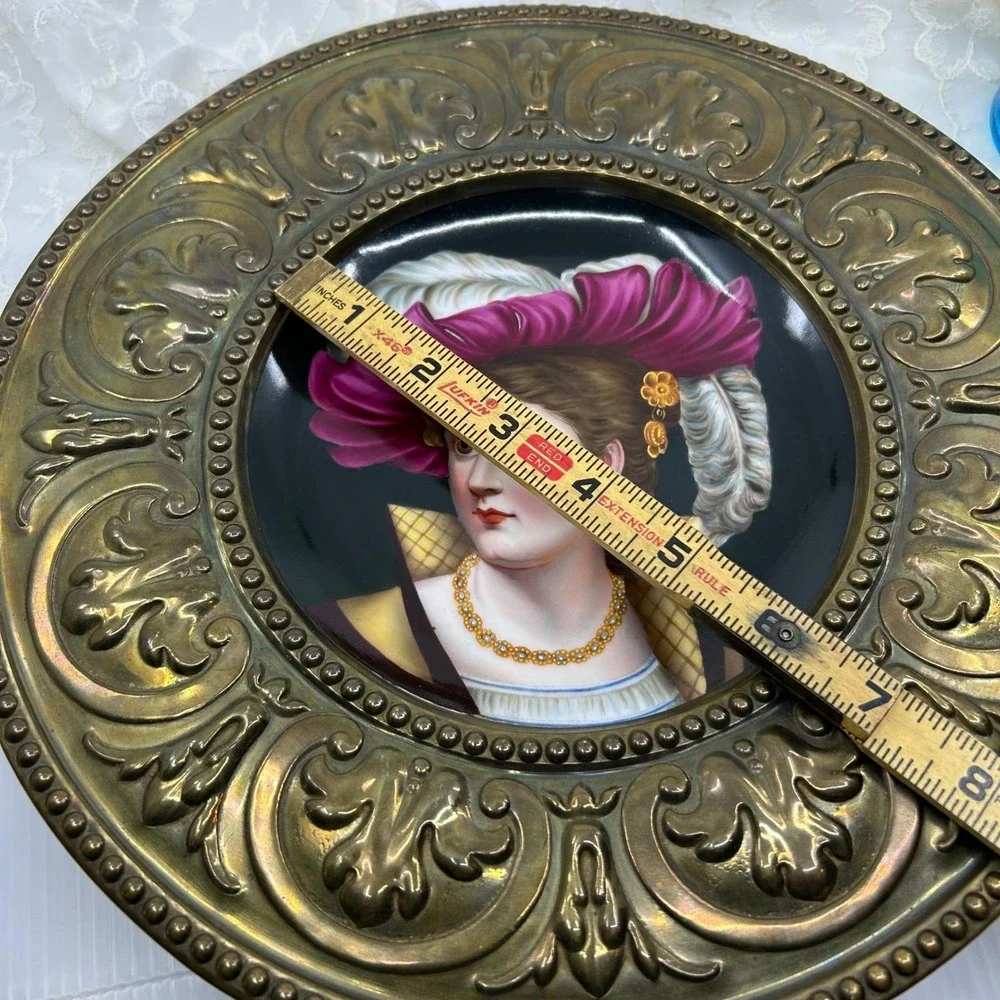 Antique Wall Plate Ornate Hand Painted Portrait Filigree Metal Circle Frame